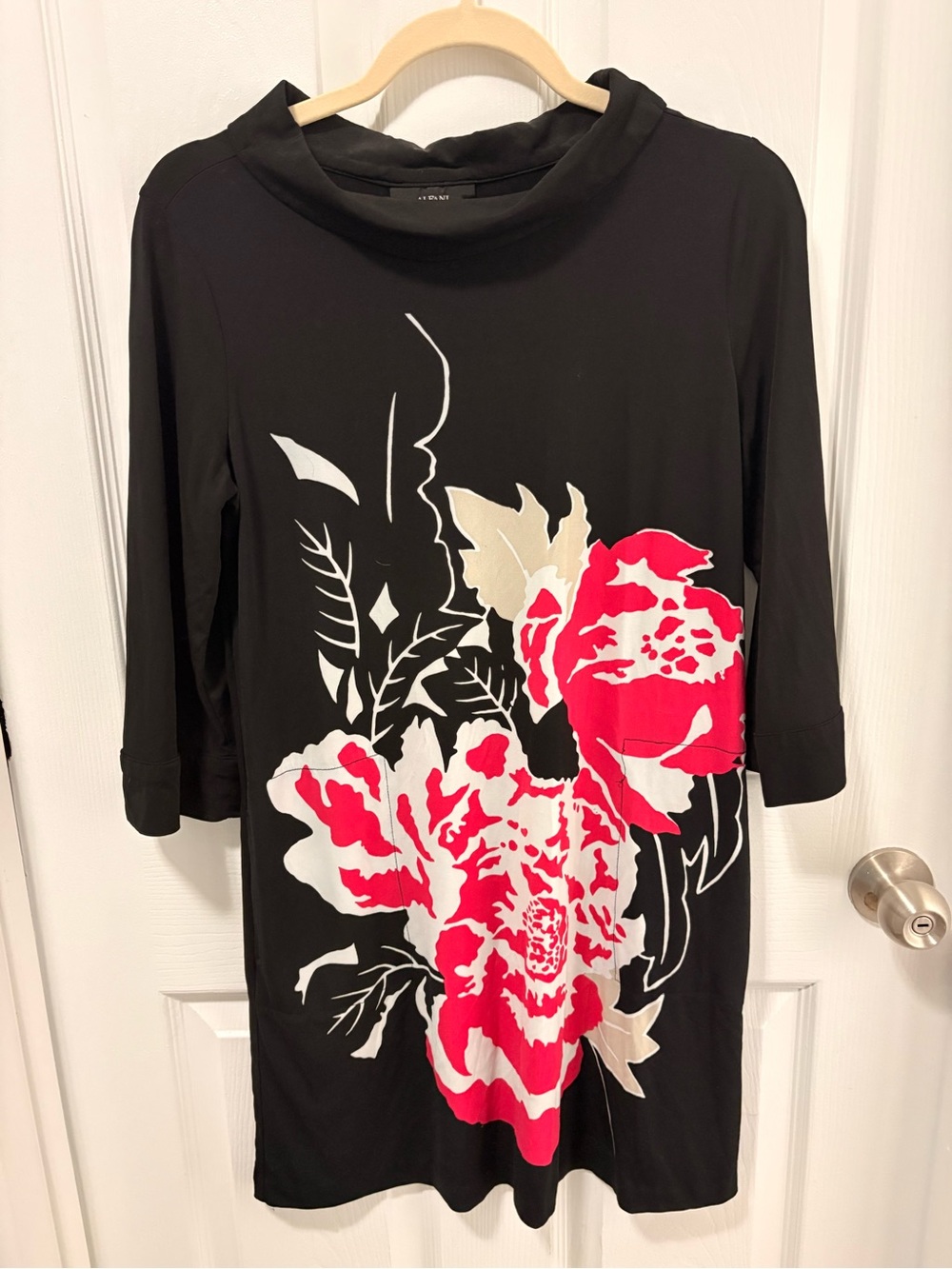 Alfani Black Dress with Red and Cream Floral Print